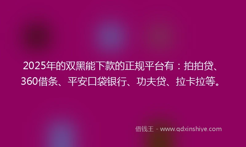 2025年的双黑能下款的正规平台有：拍拍贷、360借条、平安口袋银行、功夫贷、拉卡拉等。