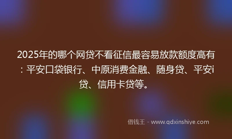 2025年的哪个网贷不看征信最容易放款额度高有：平安口袋银行、中原消费金融、随身贷、平安i贷、信用卡贷等。