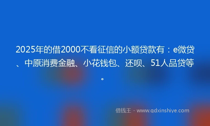 2025年的借2000不看征信的小额贷款有：e微贷、中原消费金融、小花钱包、还呗、51人品贷等。