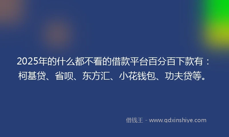 2025年的什么都不看的借款平台百分百下款有：柯基贷、省呗、东方汇、小花钱包、功夫贷等。