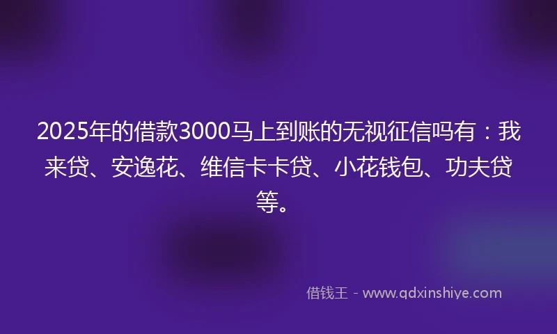 2025年的借款3000马上到账的无视征信吗有：我来贷、安逸花、维信卡卡贷、小花钱包、功夫贷等。