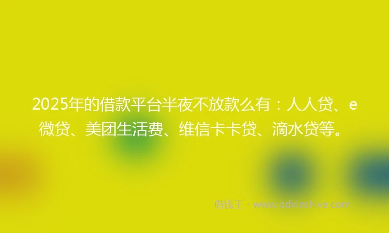 2025年的借款平台半夜不放款么有：人人贷、e微贷、美团生活费、维信卡卡贷、滴水贷等。