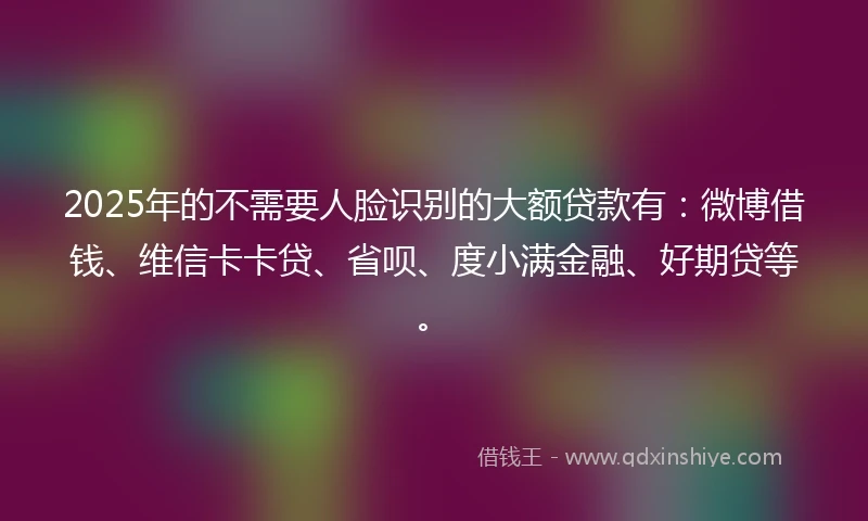 2025年的不需要人脸识别的大额贷款有：微博借钱、维信卡卡贷、省呗、度小满金融、好期贷等。