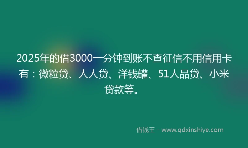 2025年的借3000一分钟到账不查征信不用信用卡有:微粒贷、人人贷、洋钱罐、51人品贷、小米贷款等。
