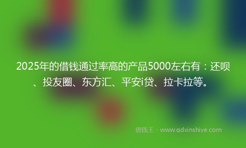 2025年的借钱通过率高的产品5000左右有：还呗、投友圈、东方汇、平安i贷、拉卡拉等。