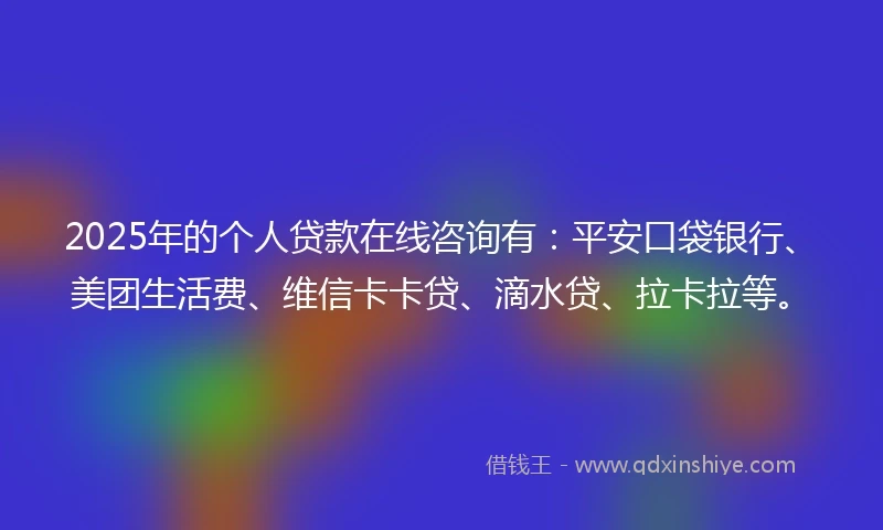 2025年的个人贷款在线咨询有：平安口袋银行、美团生活费、维信卡卡贷、滴水贷、拉卡拉等。