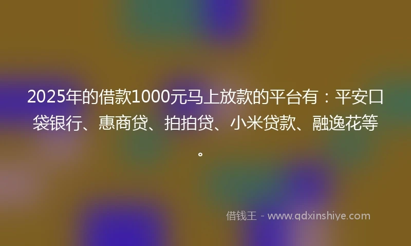 2025年的借款1000元马上放款的平台有：平安口袋银行、惠商贷、拍拍贷、小米贷款、融逸花等。