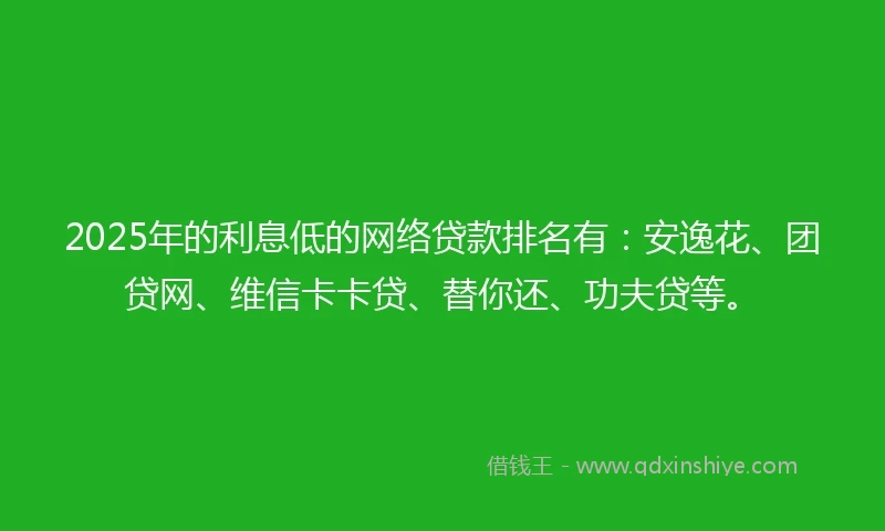 2025年的利息低的网络贷款排名有：安逸花、团贷网、维信卡卡贷、替你还、功夫贷等。