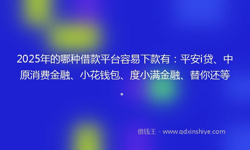 2025年的哪种借款平台容易下款有：平安i贷、中原消费金融、小花钱包、度小满金融、替你还等。