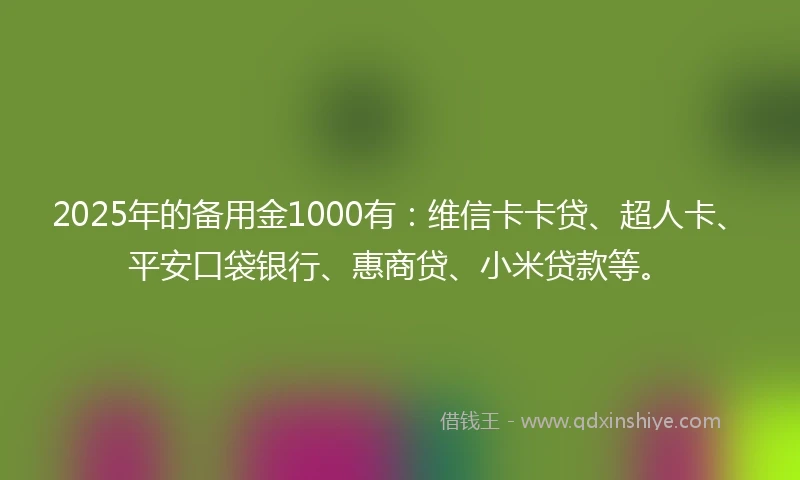 2025年的备用金1000有：维信卡卡贷、超人卡、平安口袋银行、惠商贷、小米贷款等。
