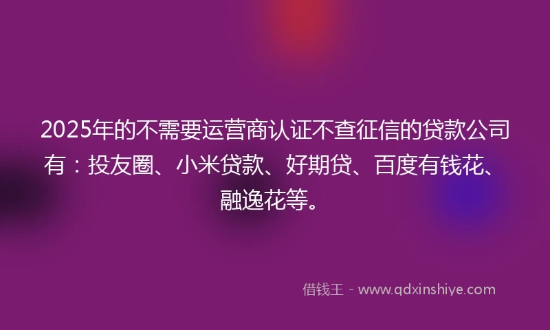 2025年的不需要运营商认证不查征信的贷款公司有：投友圈、小米贷款、好期贷、百度有钱花、融逸花等。