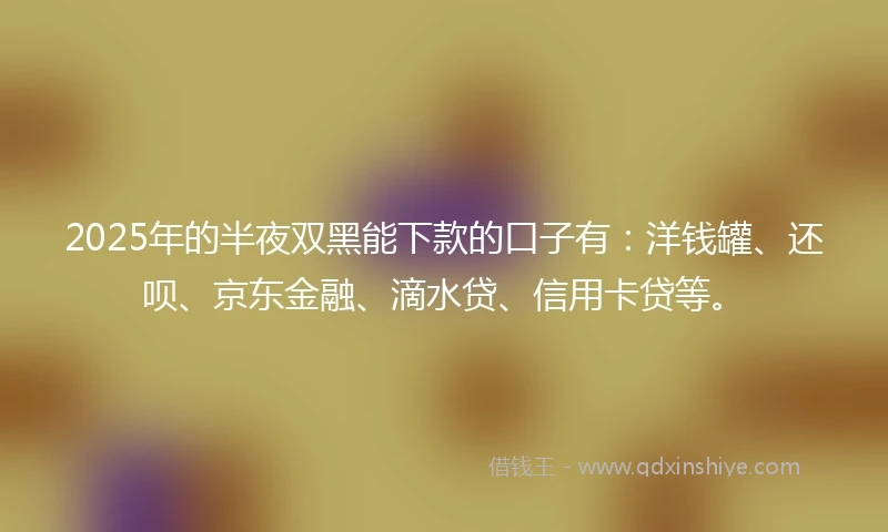 2025年的半夜双黑能下款的口子有：洋钱罐、还呗、京东金融、滴水贷、信用卡贷等。