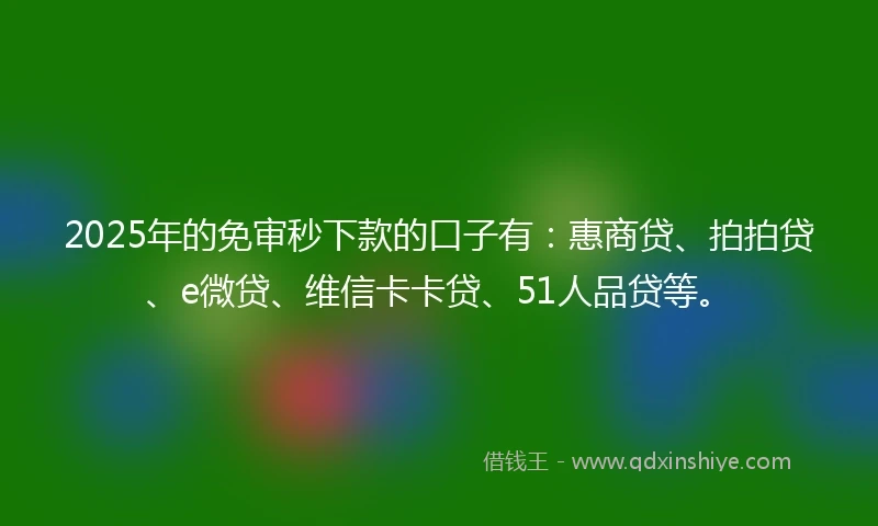 2025年的免审秒下款的口子有：惠商贷、拍拍贷、e微贷、维信卡卡贷、51人品贷等。