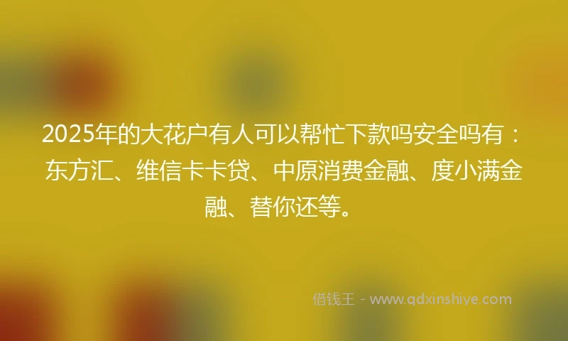 2025年的大花户有人可以帮忙下款吗安全吗有：东方汇、维信卡卡贷、中原消费金融、度小满金融、替你还等。