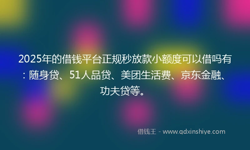 2025年的借钱平台正规秒放款小额度可以借吗有：随身贷、51人品贷、美团生活费、京东金融、功夫贷等。