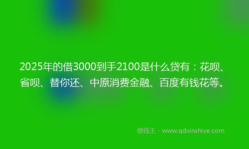 2025年的借3000到手2100是什么贷有：花呗、省呗、替你还、中原消费金融、百度有钱花等。
