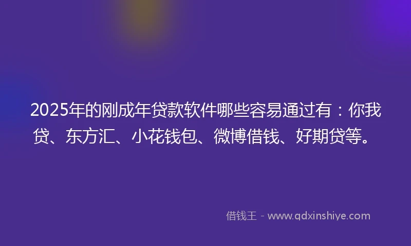 2025年的刚成年贷款软件哪些容易通过有：你我贷、东方汇、小花钱包、微博借钱、好期贷等。
