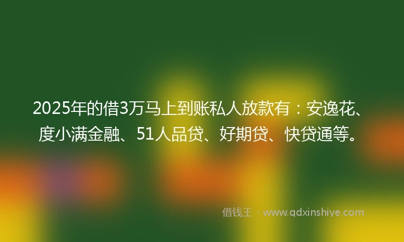 2025年的借3万马上到账私人放款有：安逸花、度小满金融、51人品贷、好期贷、快贷通等。