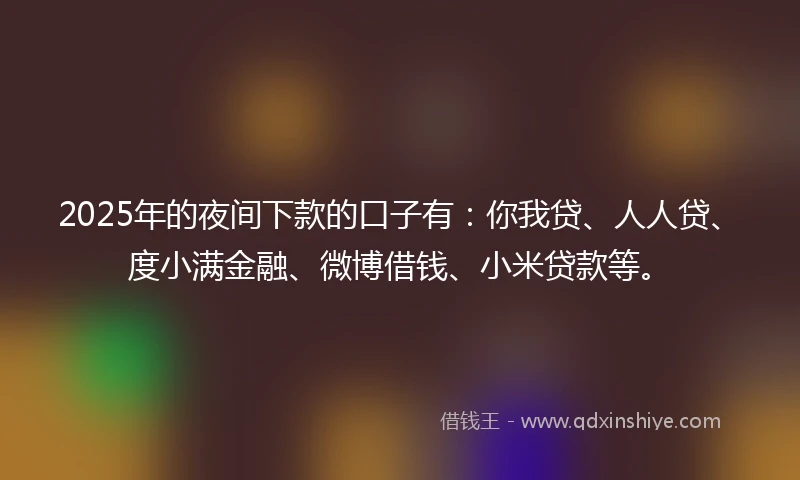 2025年的夜间下款的口子有：你我贷、人人贷、度小满金融、微博借钱、小米贷款等。