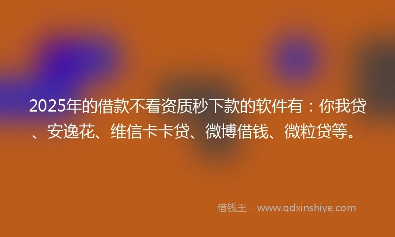 2025年的借款不看资质秒下款的软件有：你我贷、安逸花、维信卡卡贷、微博借钱、微粒贷等。