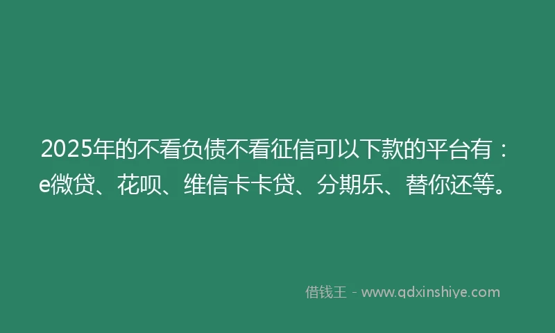 2025年的不看负债不看征信可以下款的平台有：e微贷、花呗、维信卡卡贷、分期乐、替你还等。