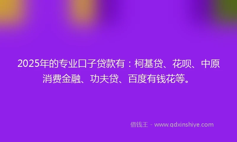 2025年的专业口子贷款有:柯基贷、花呗、中原消费金融、功夫贷、百度有钱花等。