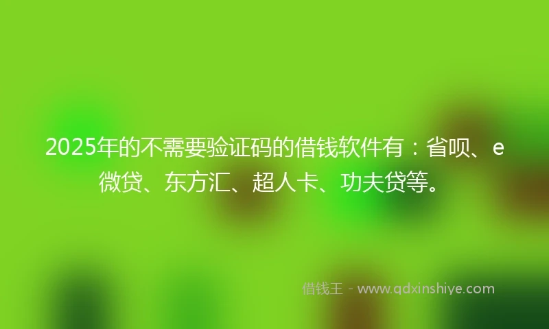 2025年的不需要验证码的借钱软件有：省呗、e微贷、东方汇、超人卡、功夫贷等。