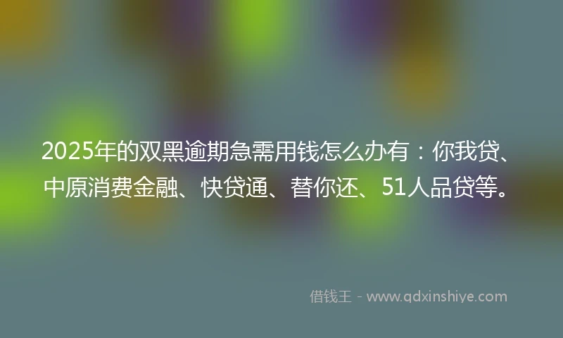 2025年的双黑逾期急需用钱怎么办有：你我贷、中原消费金融、快贷通、替你还、51人品贷等。