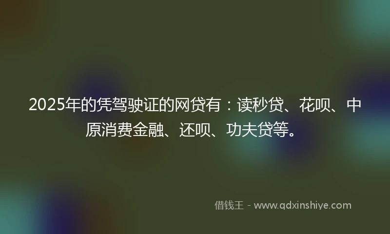 2025年的凭驾驶证的网贷有：读秒贷、花呗、中原消费金融、还呗、功夫贷等。