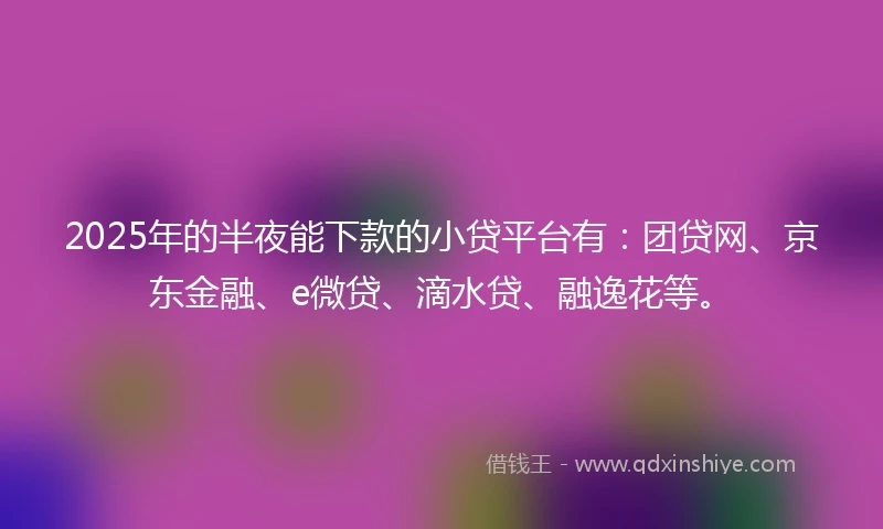 2025年的半夜能下款的小贷平台有:团贷网、京东金融、e微贷、滴水贷、融逸花等。