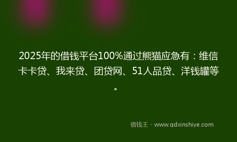 2025年的借钱平台100%通过熊猫应急有：维信卡卡贷、我来贷、团贷网、51人品贷、洋钱罐等。