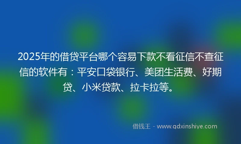 2025年的借贷平台哪个容易下款不看征信不查征信的软件有：平安口袋银行、美团生活费、好期贷、小米贷款、拉卡拉等。