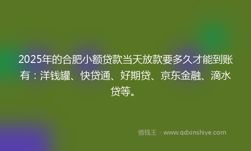 2025年的合肥小额贷款当天放款要多久才能到账有：洋钱罐、快贷通、好期贷、京东金融、滴水贷等。