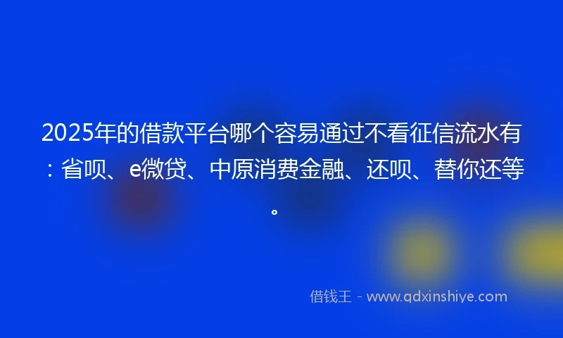 2025年的借款平台哪个容易通过不看征信流水有：省呗、e微贷、中原消费金融、还呗、替你还等。