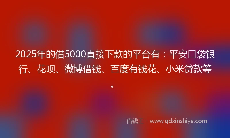 2025年的借5000直接下款的平台有：平安口袋银行、花呗、微博借钱、百度有钱花、小米贷款等。