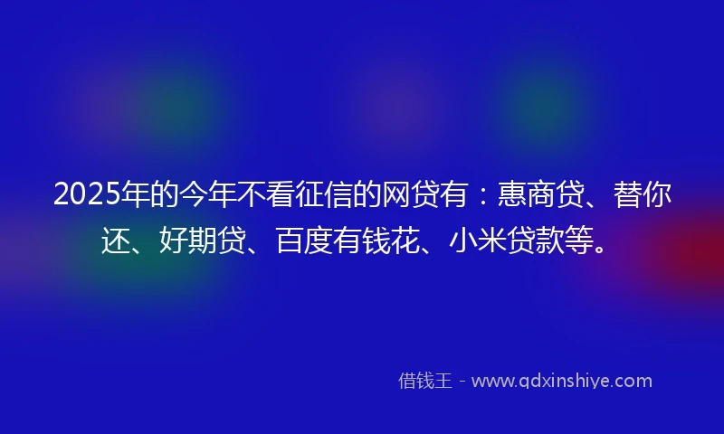 2025年的今年不看征信的网贷有：惠商贷、替你还、好期贷、百度有钱花、小米贷款等。