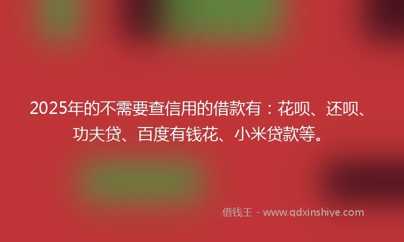 2025年的不需要查信用的借款有:花呗、还呗、功夫贷、百度有钱花、小米贷款等。