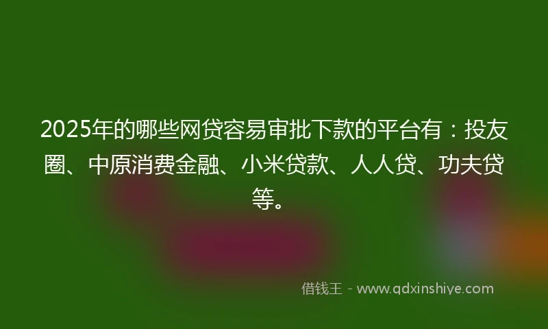 2025年的哪些网贷容易审批下款的平台有：投友圈、中原消费金融、小米贷款、人人贷、功夫贷等。