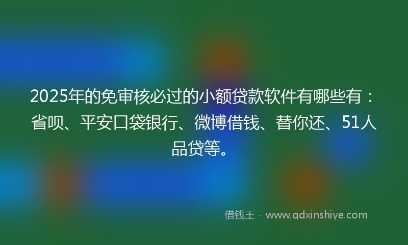 2025年的免审核必过的小额贷款软件有哪些有：省呗、平安口袋银行、微博借钱、替你还、51人品贷等。