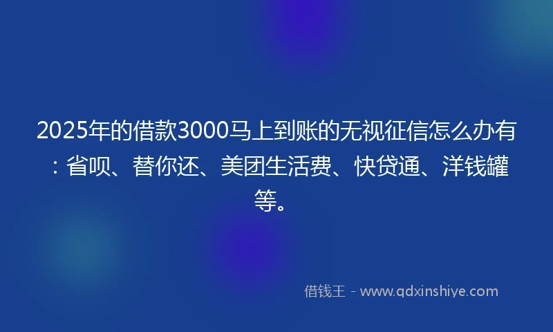 2025年的借款3000马上到账的无视征信怎么办有:省呗、替你还、美团生活费、快贷通、洋钱罐等。