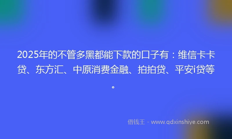 2025年的不管多黑都能下款的口子有：维信卡卡贷、东方汇、中原消费金融、拍拍贷、平安i贷等。
