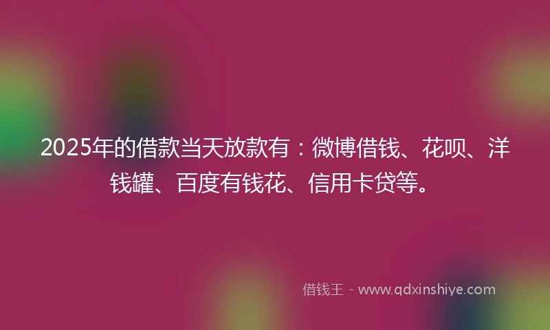 2025年的借款当天放款有：微博借钱、花呗、洋钱罐、百度有钱花、信用卡贷等。