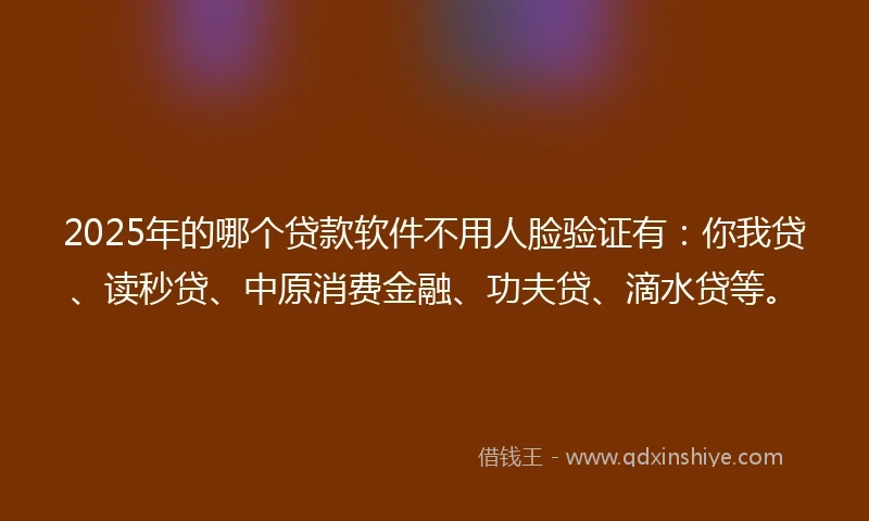2025年的哪个贷款软件不用人脸验证有：你我贷、读秒贷、中原消费金融、功夫贷、滴水贷等。