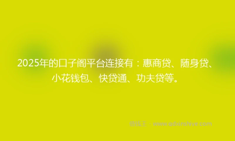2025年的口子阁平台连接有:惠商贷、随身贷、小花钱包、快贷通、功夫贷等。