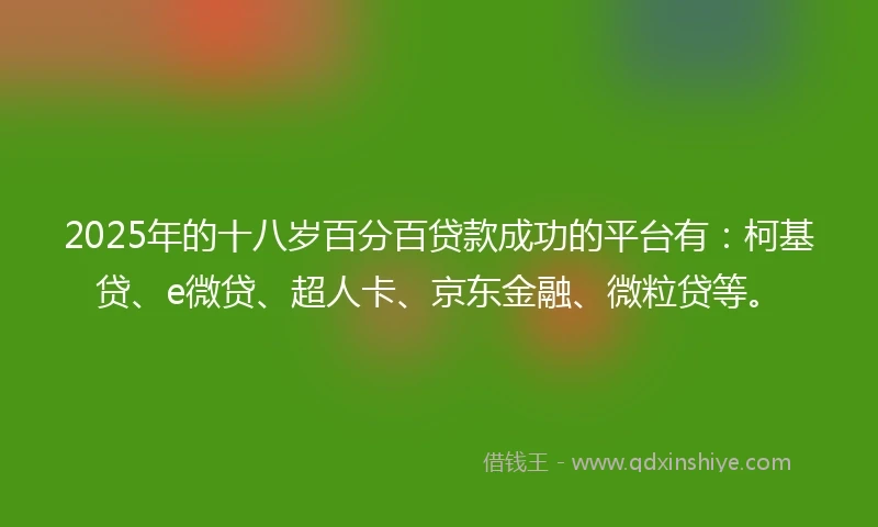 2025年的十八岁百分百贷款成功的平台有：柯基贷、e微贷、超人卡、京东金融、微粒贷等。
