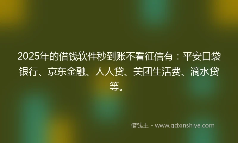 2025年的借钱软件秒到账不看征信有：平安口袋银行、京东金融、人人贷、美团生活费、滴水贷等。