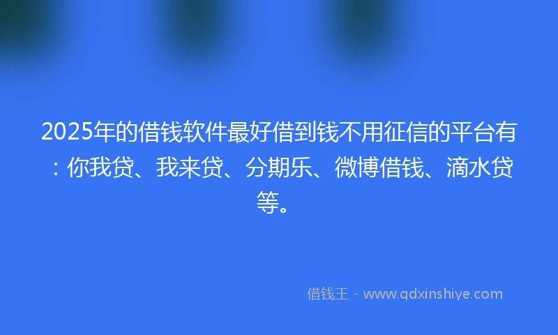2025年的借钱软件最好借到钱不用征信的平台有：你我贷、我来贷、分期乐、微博借钱、滴水贷等。