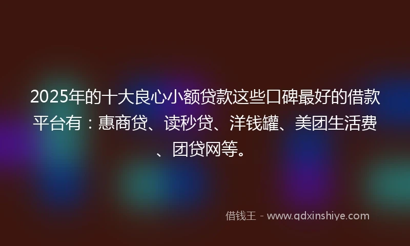 2025年的十大良心小额贷款这些口碑最好的借款平台有：惠商贷、读秒贷、洋钱罐、美团生活费、团贷网等。