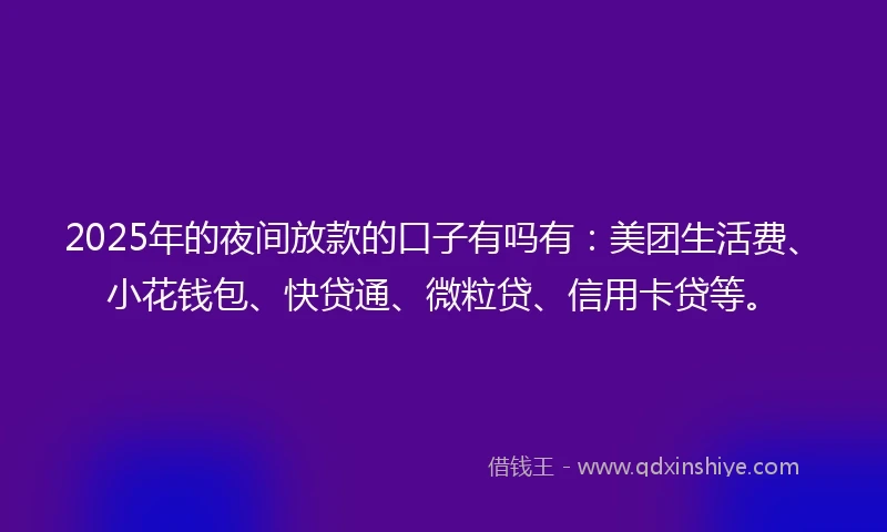 2025年的夜间放款的口子有吗有：美团生活费、小花钱包、快贷通、微粒贷、信用卡贷等。