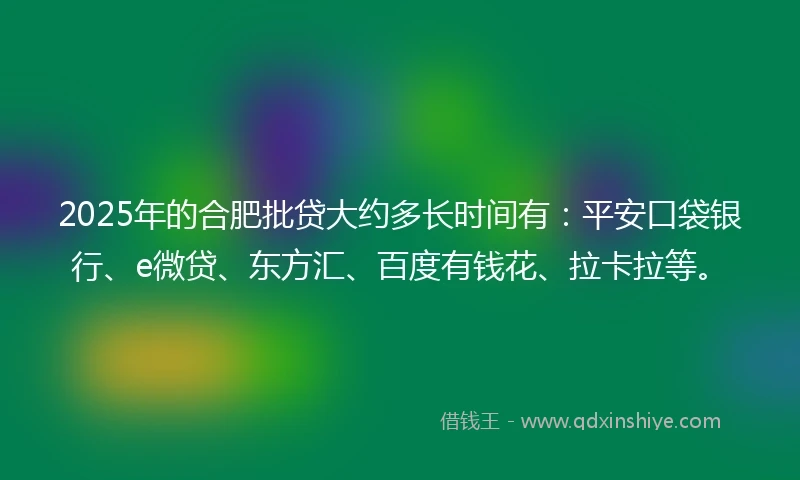 2025年的合肥批贷大约多长时间有：平安口袋银行、e微贷、东方汇、百度有钱花、拉卡拉等。